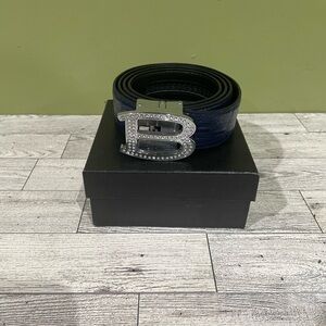 Barabas belt blue leather rhinestone buckle gator print